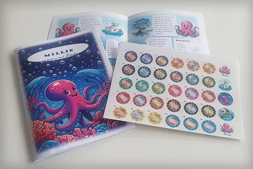 The book open next to a sheet of medal stickers