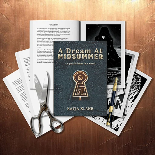 A Dream at Midsummer with puzzle pages, a pen and a pair of scissors